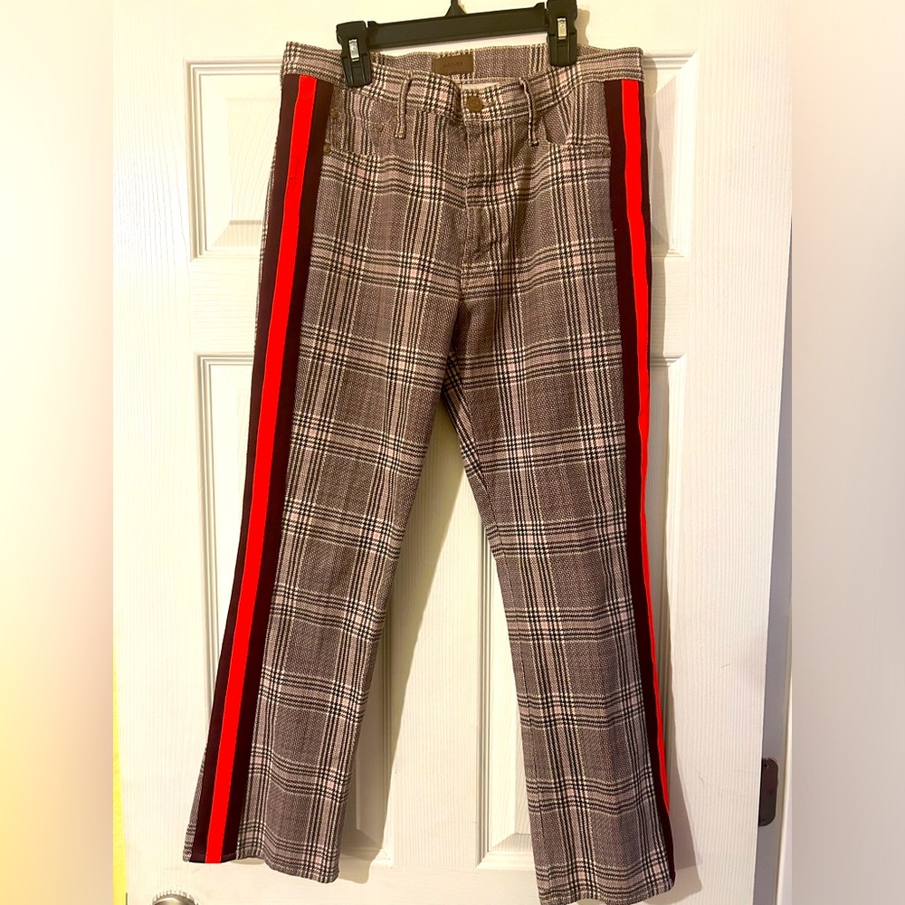 MOTHER Plaid Ankle Crop Pants with Red & Black Side Stripes
